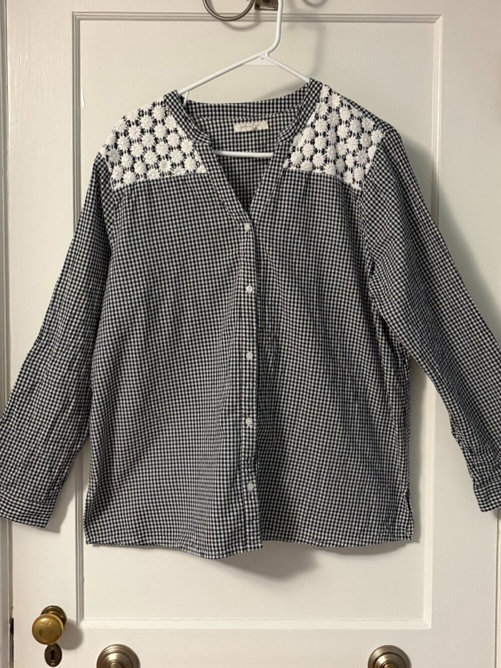 Linda Anderson black white gingham button up floral lace detail size XXL